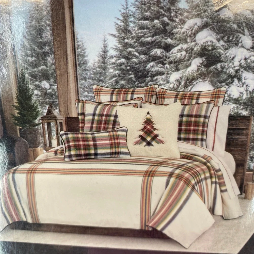 J. Queen New York Duvet Set KING Christopher Plaid Red Cream 100% Cotton Lodge